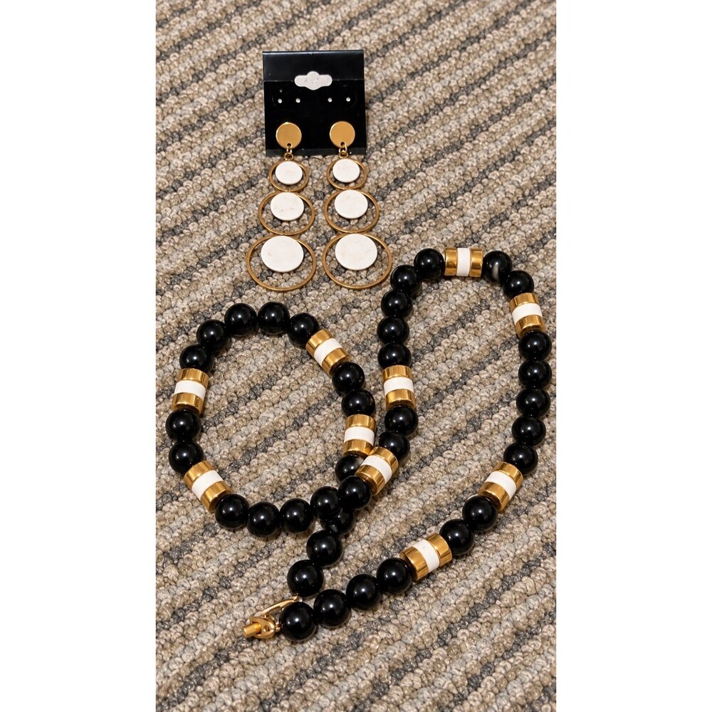 Black Gold & Ivory Beaded Necklace & Statement Drop Earrings Set | Bold Elegant
